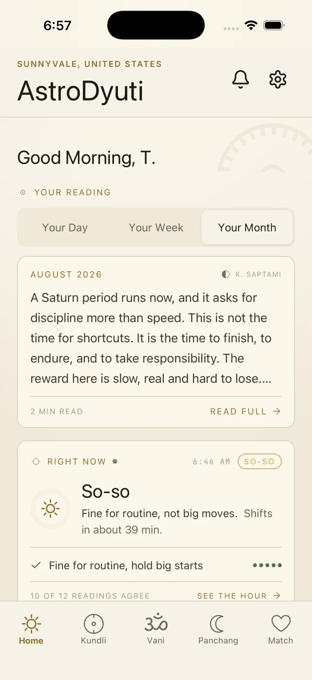 AstroDyuti home showing a personal daily reading and current-hour guidance