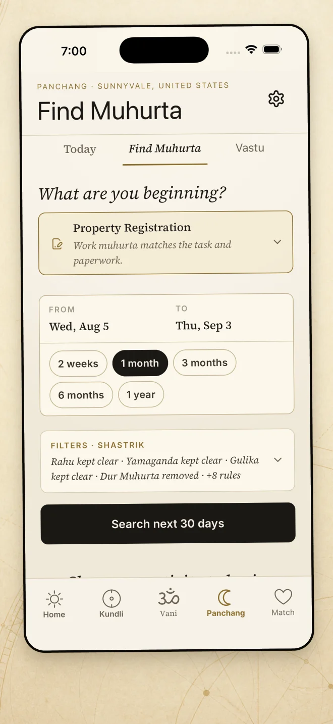 AstroDyuti Muhurat preview showing a search for an auspicious time window