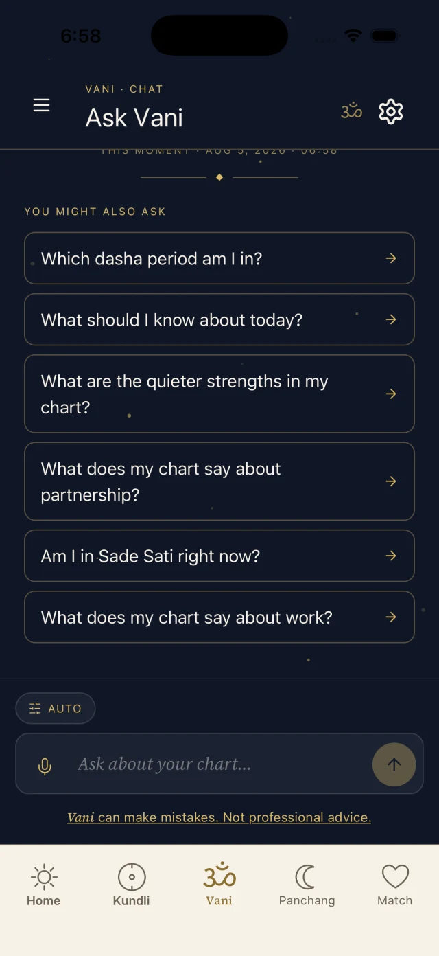 Ask Vani — personal questions and suggested prompts grounded in a birth chart